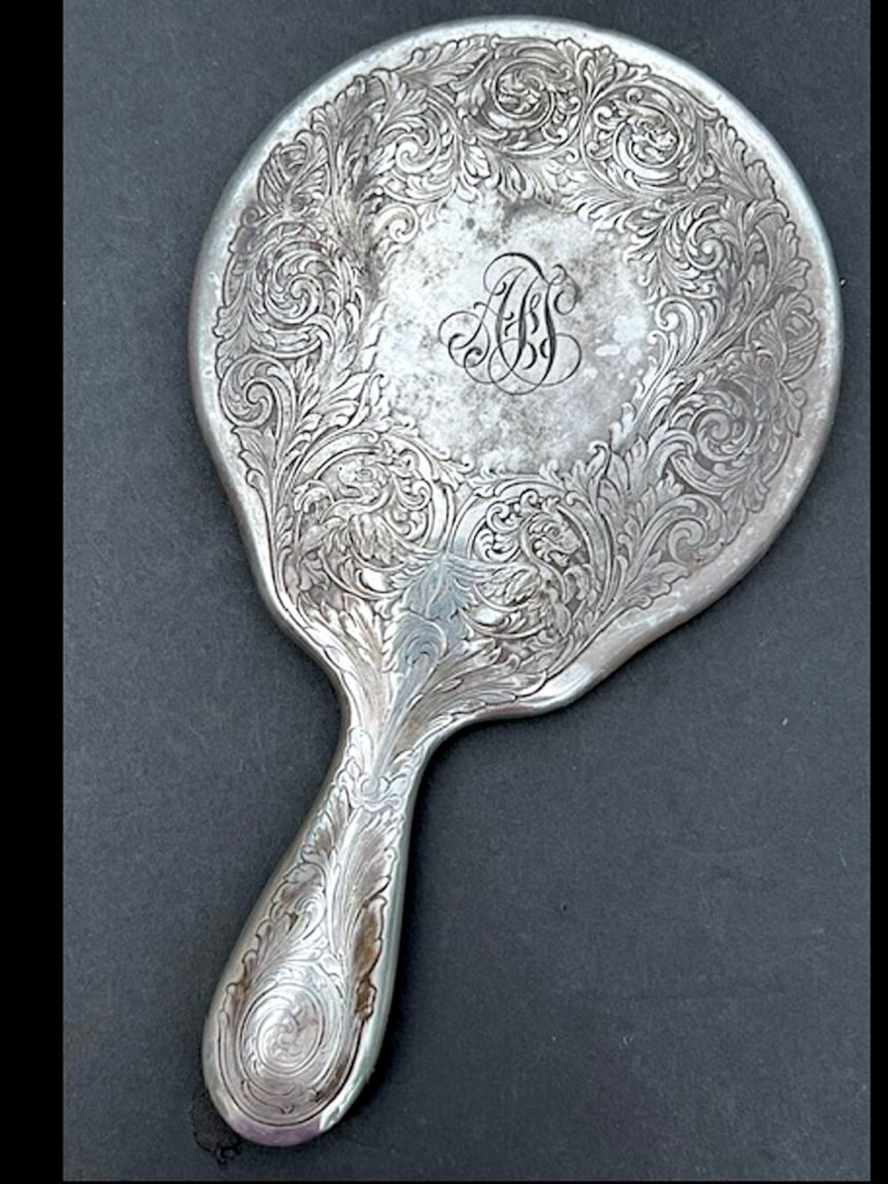 Antique Silver Hand Mirror Ornate Engraved Floral Vanity Art Nouveau Monogramed